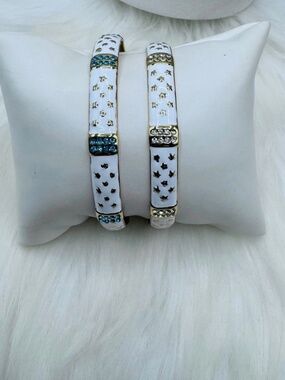 White Enamel Gold-Tone Cuff Bracelet Set– Blue & Clear Rhinestones